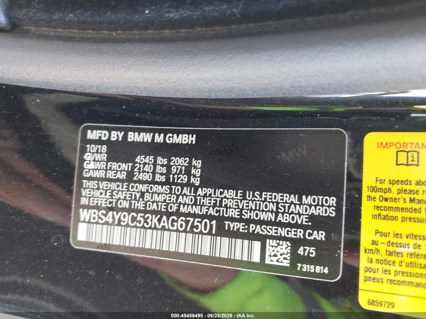 2019 BMW M4 VIN: WBS4Y9C53KAG67501 Lot: 45486495