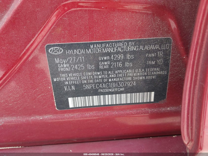 2011 HYUNDAI SONATA SEDAN 2.4L I-4 DI, DOHC, VVT, 198HP