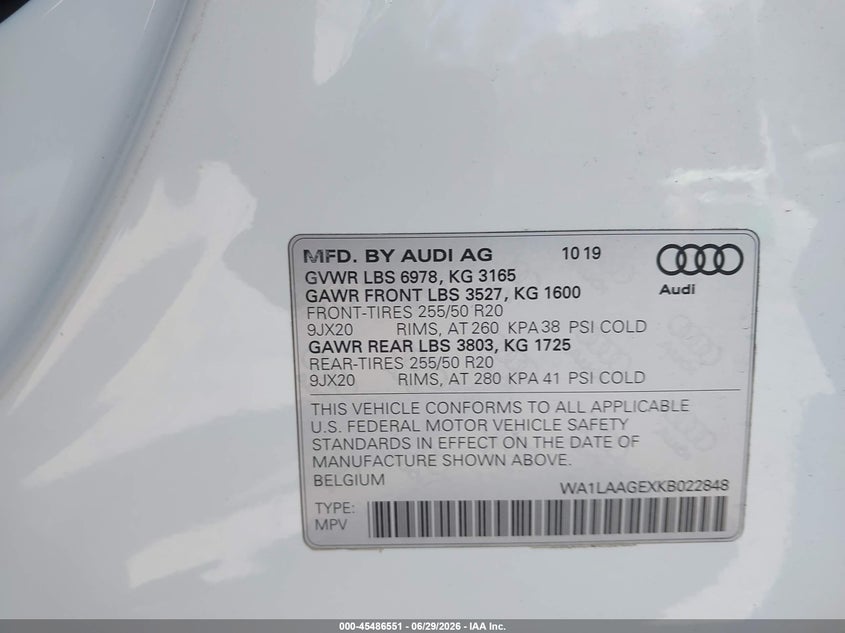 2019 Audi E-Tron Premium Plus VIN: WA1LAAGEXKB022848 Lot: 45486551