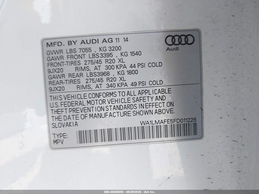 AUDI Q7 2015 VIN WA1LMAFE5FD011226