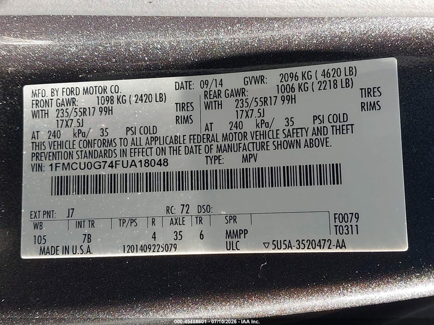 2015 FORD ESCAPE SPORT UTILITY VEHICLE 2.5L I4 FI DOHC 16V NF4