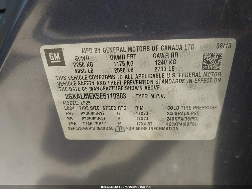 2014 GMC TERRAIN SPORT UTILITY VEHICLE 2.4L I-4 DI, DOHC, VVT, 182HP