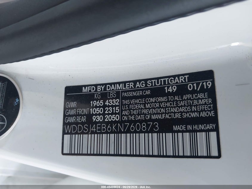 2019 Mercedes-Benz Cla 250 VIN: WDDSJ4EB6KN760873 Lot: 45486624