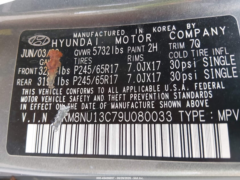 2009 Hyundai Veracruz Gls VIN: KM8NU13C79U080033 Lot: 45486697