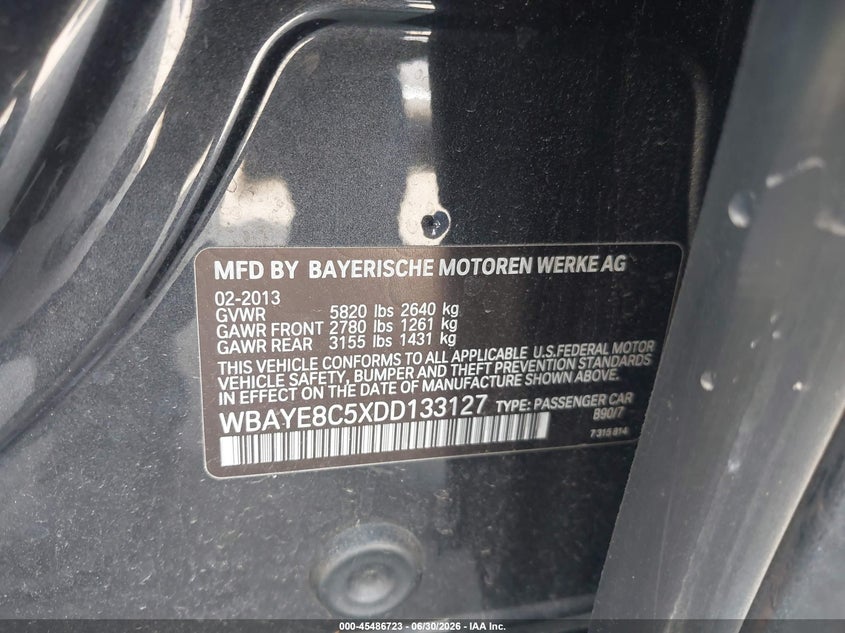 2013 BMW 750Li VIN: WBAYE8C5XDD133127 Lot: 45486723