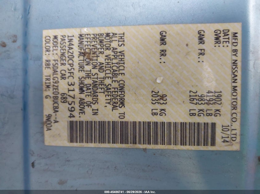 2015 Nissan Leaf Sl VIN: 1N4AZ0CP5FC317594 Lot: 45486741