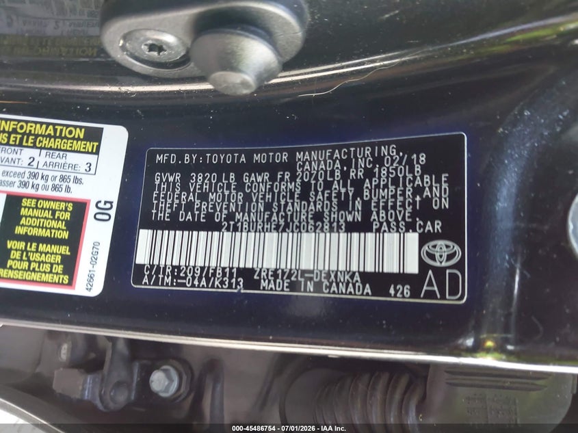 2018 TOYOTA COROLLA SEDAN 1.8L I-4 DOHC, VVT, 132HP