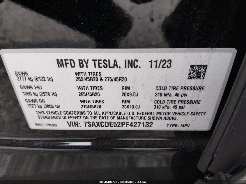 2023 Tesla Model X Dual Motor All-Wheel Drive/Standard Range VIN: 7SAXCDE52PF427132 Lot: 45486773