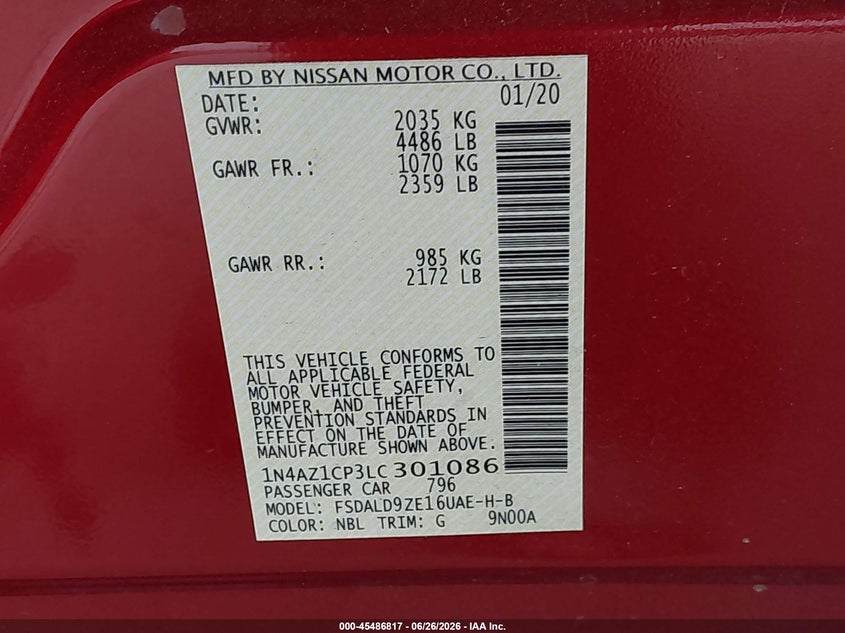 2020 Nissan Leaf Sv 40 Kwh VIN: 1N4AZ1CP3LC301086 Lot: 45486817