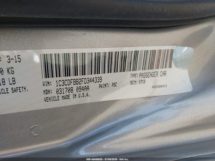 2015 Dodge Dart Sxt VIN: 1C3CDFBB2FD344339 Lot: 45486850