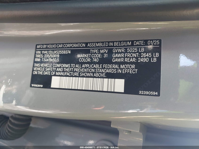 2025 Volvo Xc40 B5 Core Bright Theme VIN: YV4L12UJXS2559374 Lot: 45486871