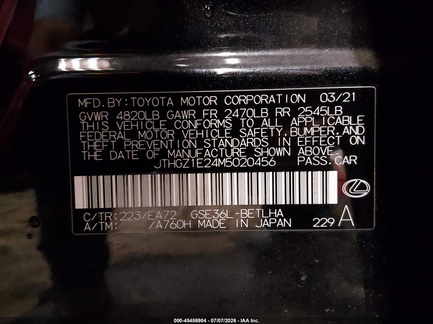 2021 Lexus Is 350 F Sport VIN: JTHGZ1E24M5020456 Lot: 45486904