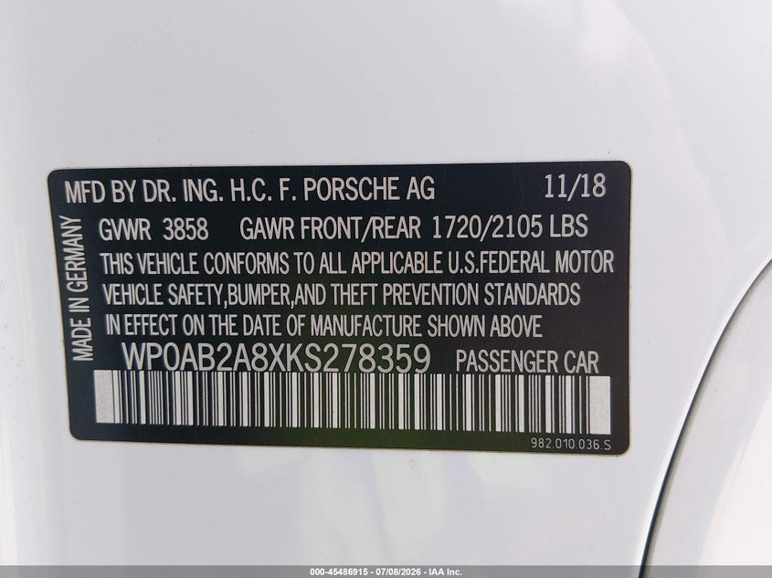 2019 Porsche 718 Cayman Gts VIN: WP0AB2A8XKS278359 Lot: 45486915