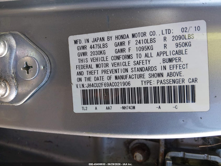 2010 Acura Tsx 2.4 VIN: JH4CU2F69AC021906 Lot: 45486930