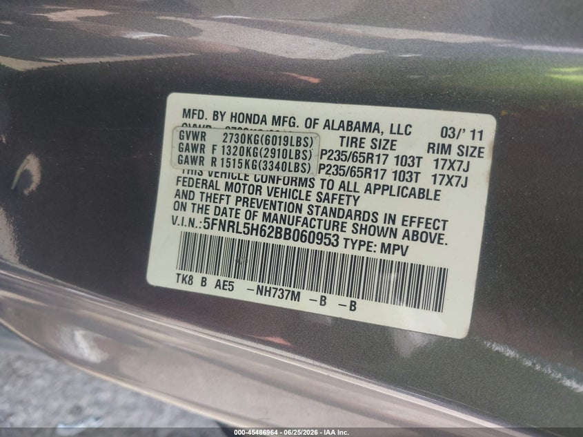 2011 HONDA ODYSSEY VAN 3.5L V-6 VVT, 248HP