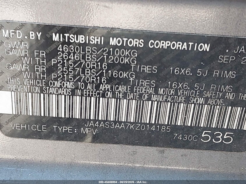2019 Mitsubishi Eclipse Cross Es VIN: JA4AS3AA7KZ014185 Lot: 45486984