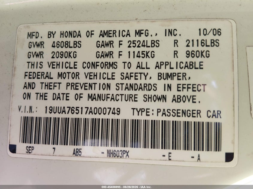 2007 Acura Tl Type S VIN: 19UUA76517A000749 Lot: 45486995