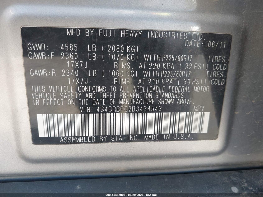 2011 Subaru Outback 2.5I Premium VIN: 4S4BRBFC2B3434543 Lot: 45487003