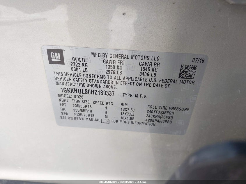 2017 GMC Acadia Slt-1 VIN: 1GKKNULS0HZ130337 Lot: 45487020