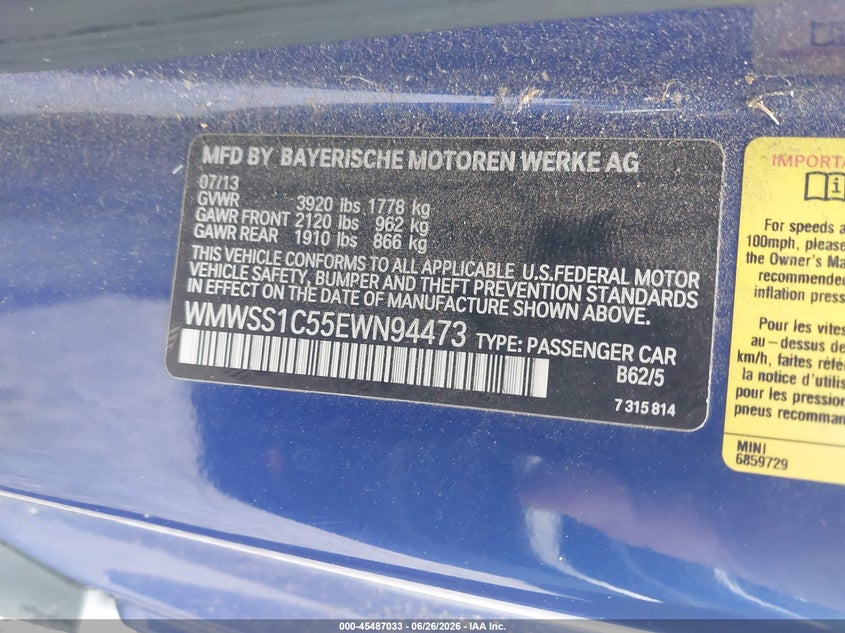 2014 Mini Paceman Cooper VIN: WMWSS1C55EWN94473 Lot: 45487033