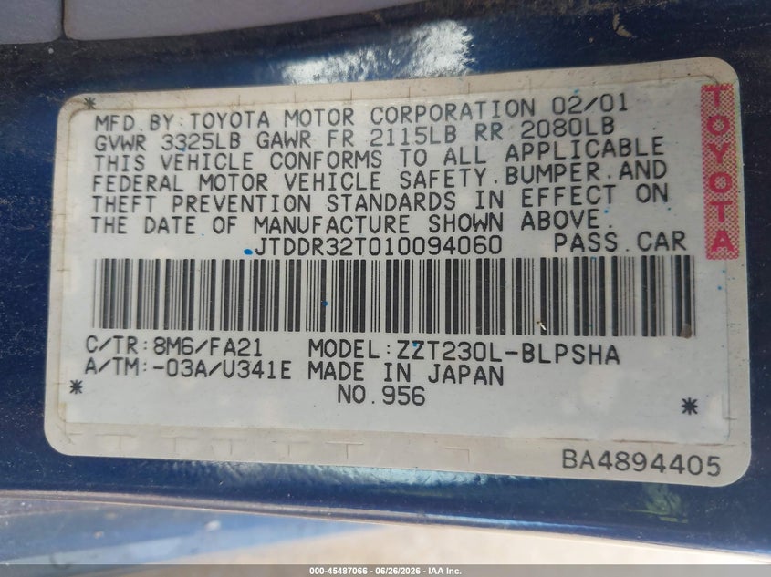 2001 Toyota Celica Gt VIN: JTDDR32T010094060 Lot: 45487066
