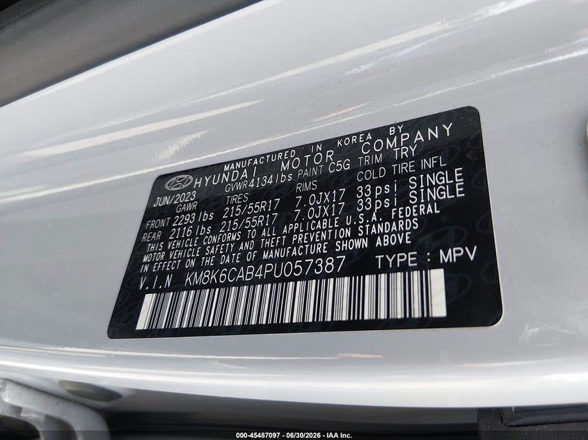 2023 Hyundai Kona Sel VIN: KM8K6CAB4PU057387 Lot: 45487097