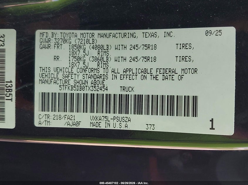 TOYOTA TUNDRA 2026 VIN 5TFKB5DB0TX352454