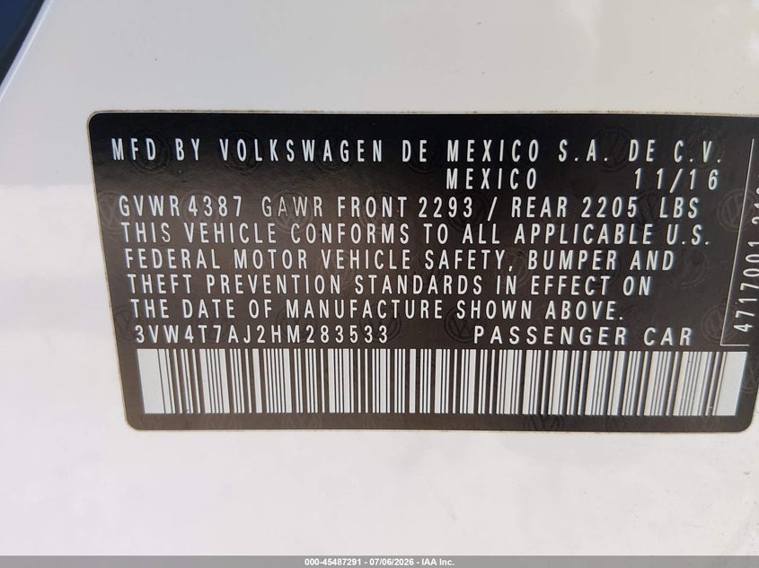 2017 VOLKSWAGEN JETTA SEDAN 2.0L I-4 DI, DOHC, VVT, TURBO, 210HP