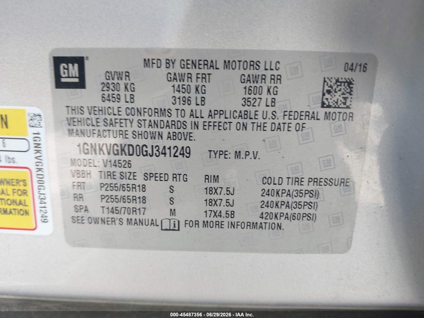 2016 Chevrolet Traverse Lt VIN: 1GNKVGKD0GJ341249 Lot: 45487356