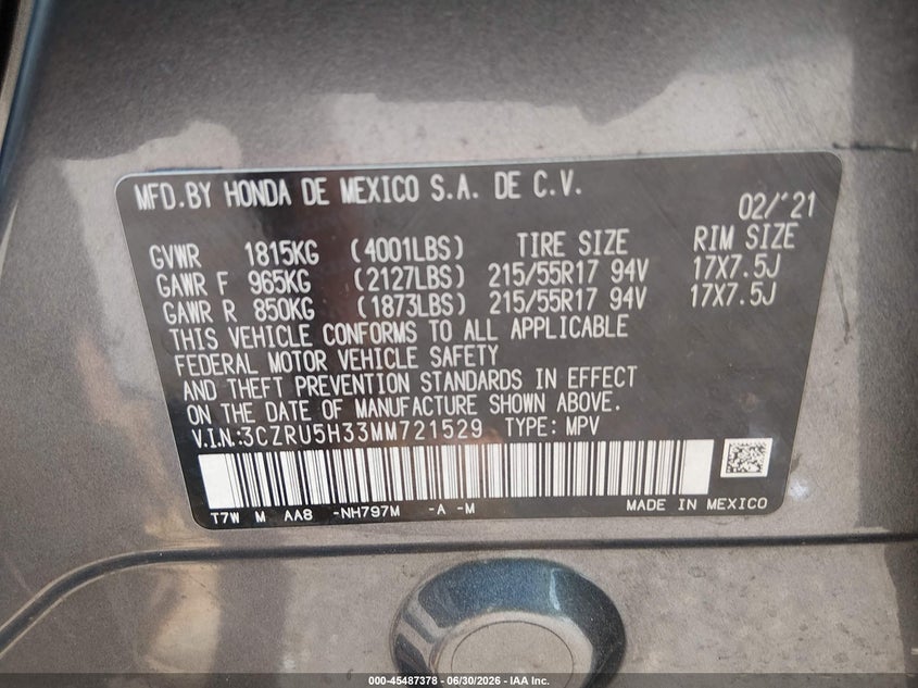 2021 Honda Hr-V 2Wd Lx VIN: 3CZRU5H33MM721529 Lot: 45487378