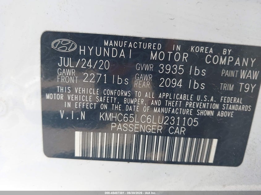 2020 Hyundai Ioniq Hybrid Blue VIN: KMHC65LC6LU231105 Lot: 45487381