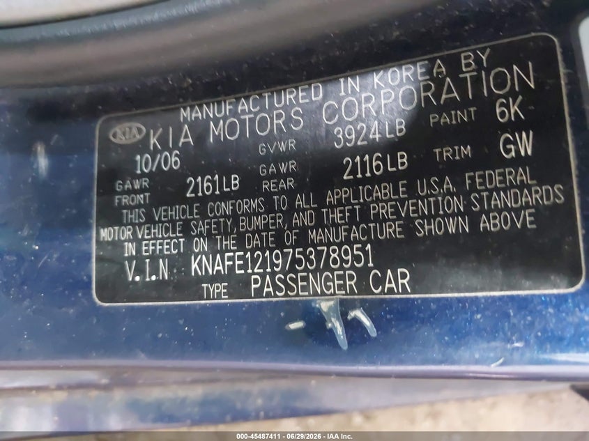 2007 Kia Spectra Ex VIN: KNAFE121975378951 Lot: 45487411