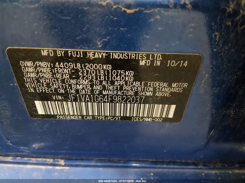 2015 Subaru Wrx Limited VIN: JF1VA1G64F9822037 Lot: 45487424
