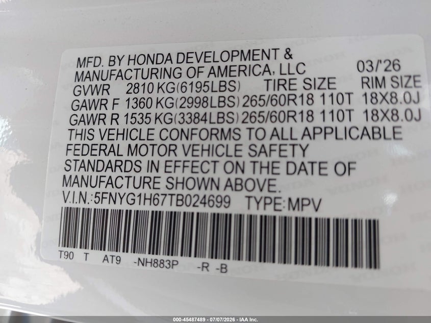 HONDA PILOT 2026 VIN 5FNYG1H67TB024699