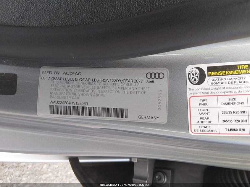 2017 Audi A7 Prestige VIN: WAU22AFC4HN133060 Lot: 45487511