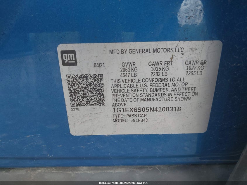 2022 Chevrolet Bolt Ev Fwd 2Lt VIN: 1G1FX6S05N4100318 Lot: 45487538