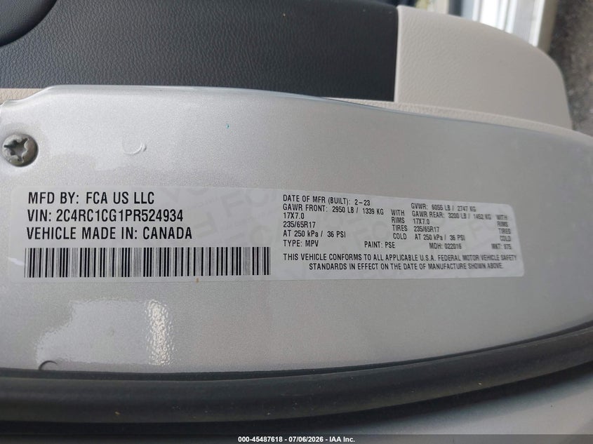 2023 Chrysler Voyager Lx VIN: 2C4RC1CG1PR524934 Lot: 45487618