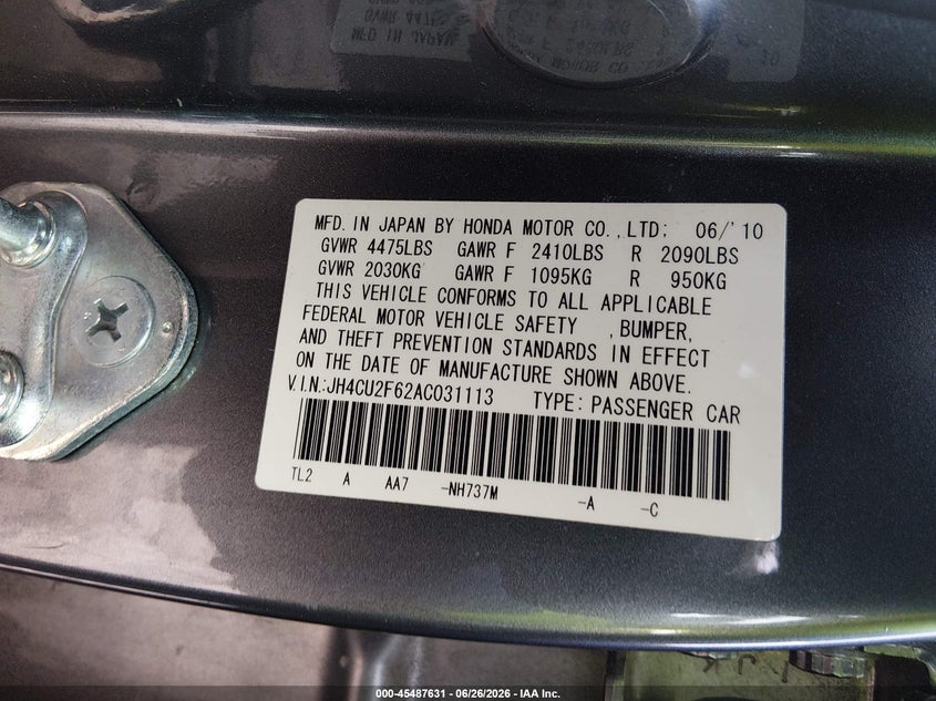 2010 Acura Tsx 2.4 VIN: JH4CU2F62AC031113 Lot: 45487631