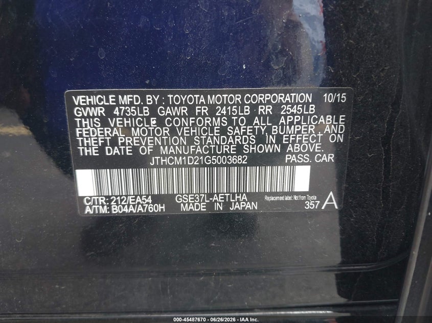 LEXUS IS 300 2016 VIN JTHCM1D21G5003682