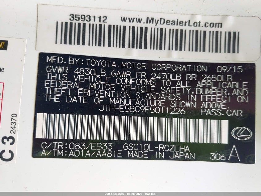2015 Lexus Rc 350 VIN: JTHHE5BC9F5011226 Lot: 45487697