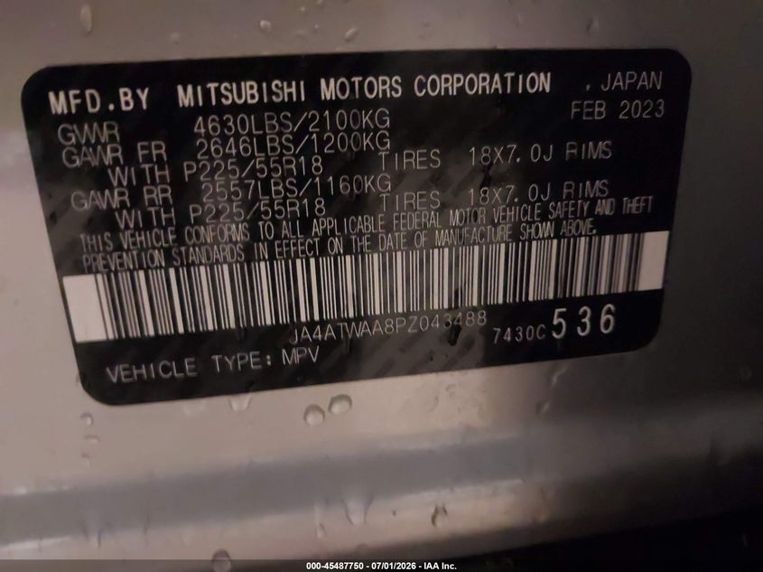 2023 Mitsubishi Eclipse Cross Se S-Awc/Sel S-Awc VIN: JA4ATWAA8PZ043488 Lot: 45487750