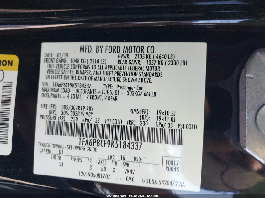VIN 1FA6P8CF9K5184337 2019 FORD MUSTANG GT PREMIUM