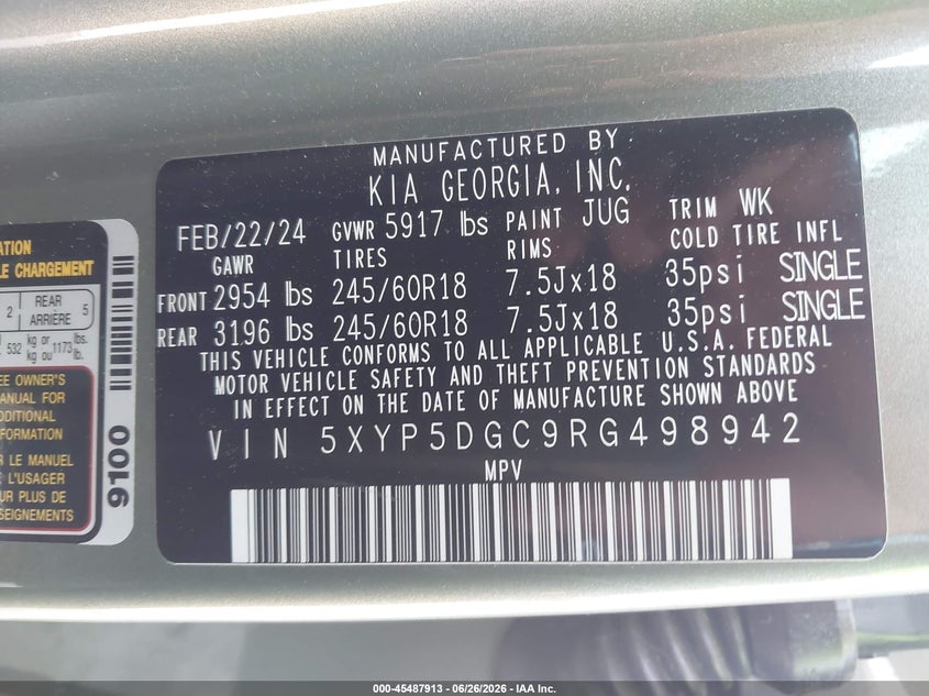 KIA TELLURIDE 2024 VIN 5XYP5DGC9RG498942