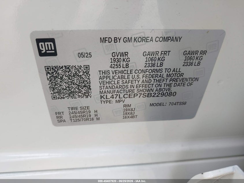 2025 Buick Envista Avenir Fwd VIN: KL47LCEP7SB229080 Lot: 45487920
