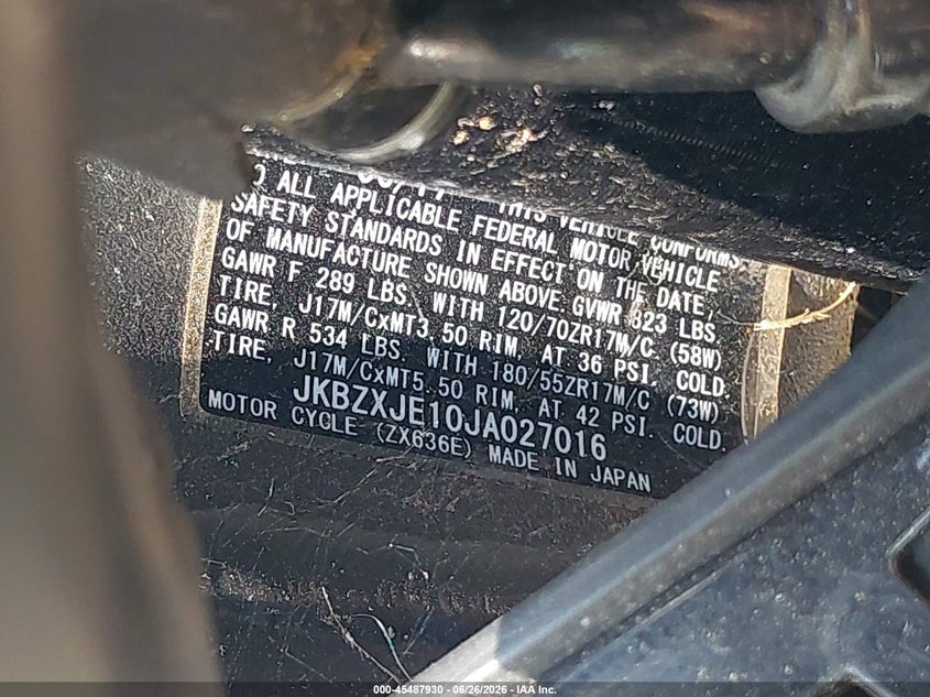 2018 Kawasaki Zx636 E VIN: JKBZXJE10JA027016 Lot: 45487930