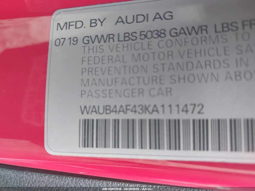 2019 Audi S4 3.0T Premium VIN: WAUB4AF43KA111472 Lot: 45487946