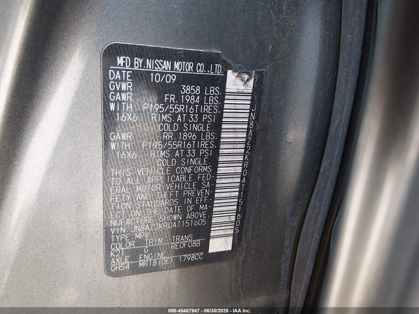 2010 Nissan Cube 1.8 Krom VIN: JN8AZ2KR0AT151605 Lot: 45487947