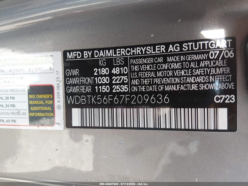 2007 Mercedes-Benz Clk 350 VIN: WDBTK56F67F209636 Lot: 45487949