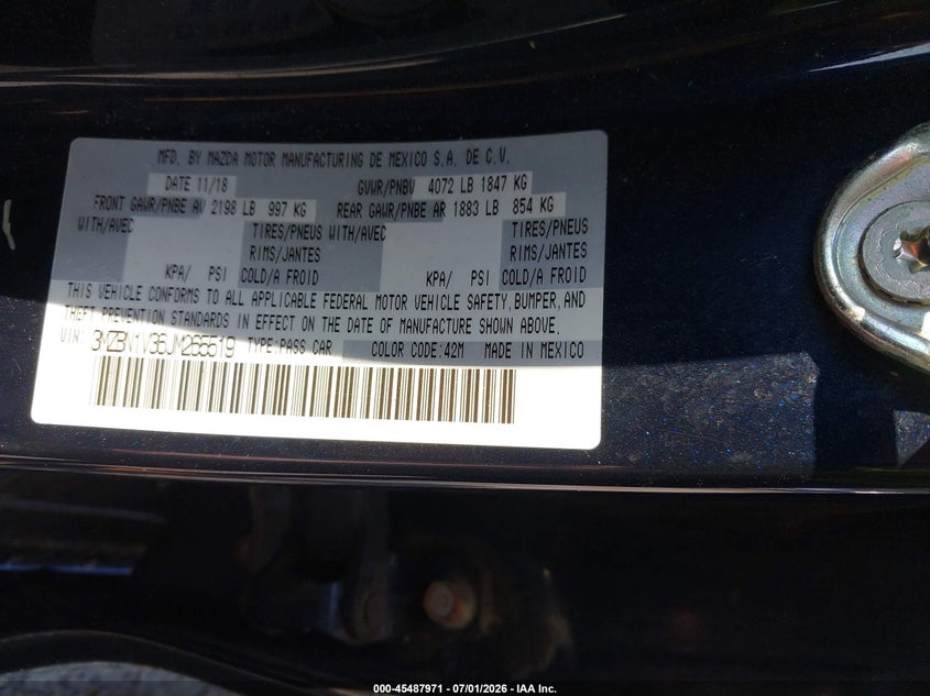 MAZDA MAZDA3 2018 VIN 3MZBN1V36JM265519