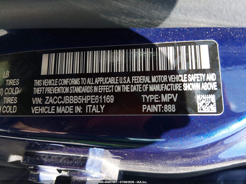 2017 Jeep Renegade Altitude VIN: ZACCJBBB5HPE61169 Lot: 45487981